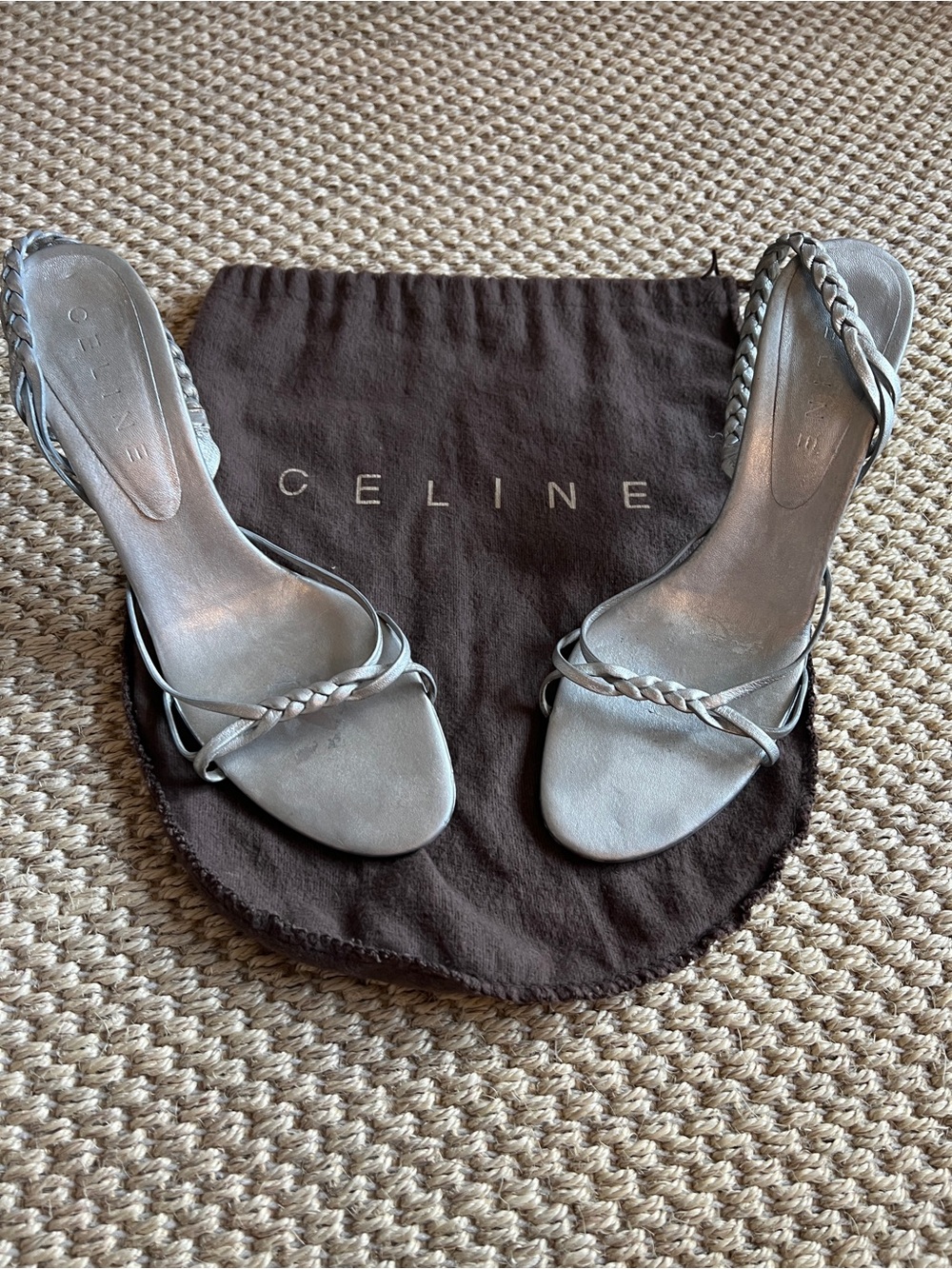 Vintage Celine Metallic Silver Braided Leather Slingback Stiletto Sandals